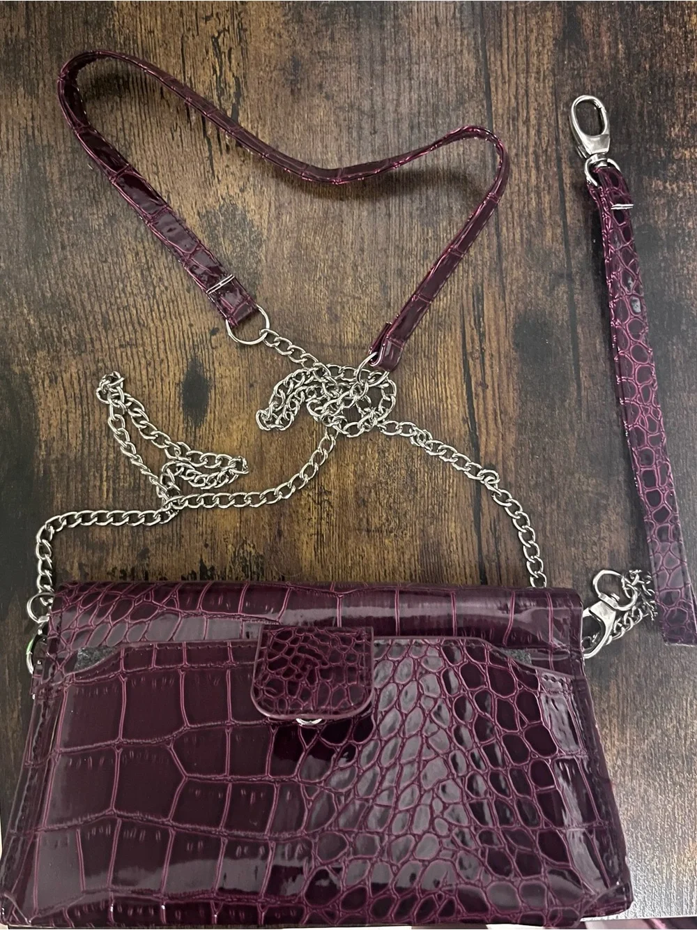 Faux Croc-Embossed Leather Red/Burgundy Shoulder Bag